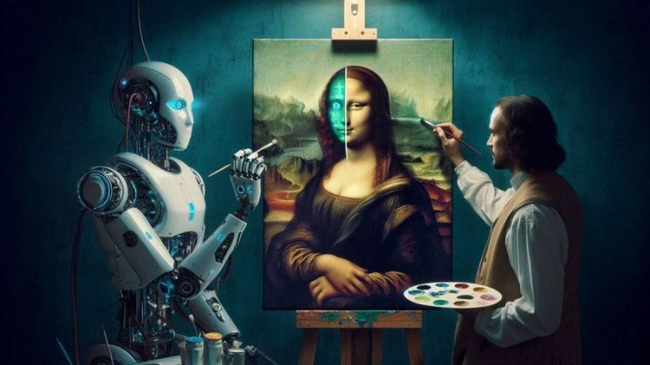 A robot and a human painting Mona Lisa together